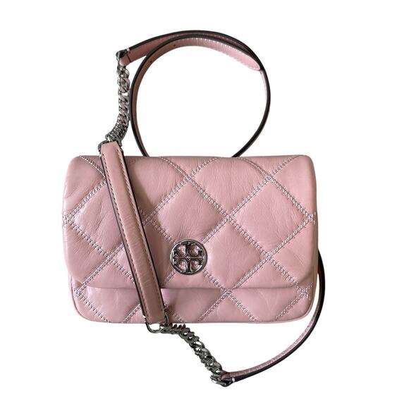 Tory Burch Willa Glazed Mini Belt Bag Crossbody Pink Rose Sachet Leather OS New - Picture 2 of 15